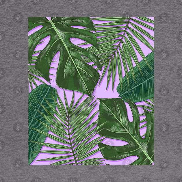 Monstera, Spider Palm, Tropical Leaves Print on Purple by OneThreeSix